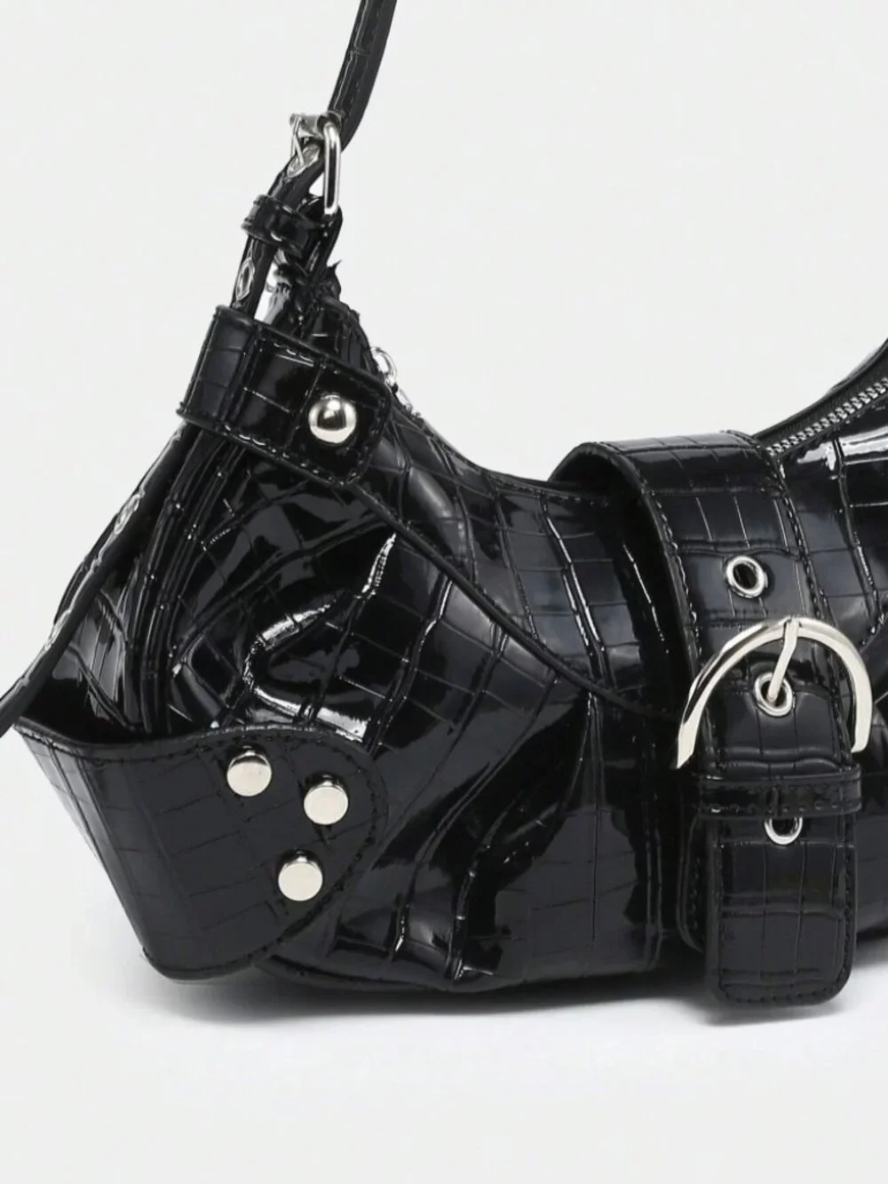 Black Studded Baguette Bag Y2K Punk Vegan Leather Zip Shoulder Purse